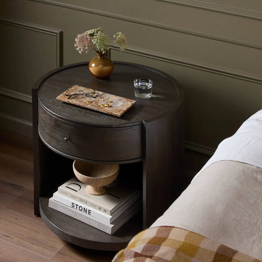 Bode Nightstand by Four Hands in smoked black veneer. Made from thick oak veneer, solid oak in a transitional style.