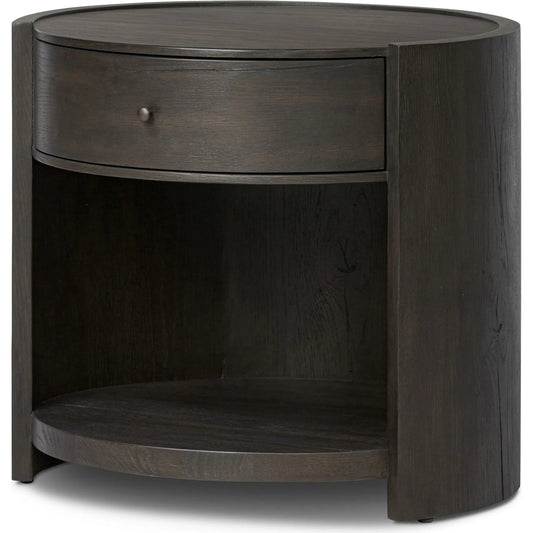 Bode Nightstand by Four Hands in smoked black veneer. Made from thick oak veneer, solid oak in a transitional style.