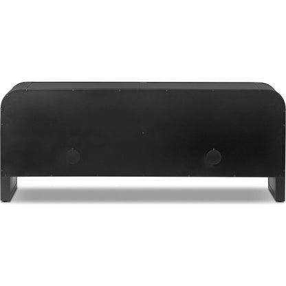 Breya Media Console by Four Hands in black, tempered glass. Made from iron, tempered glass in a unique style.