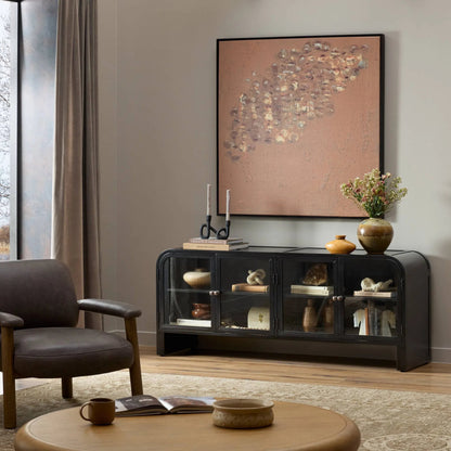 Breya Media Console by Four Hands in black, tempered glass. Made from iron, tempered glass in a unique style.