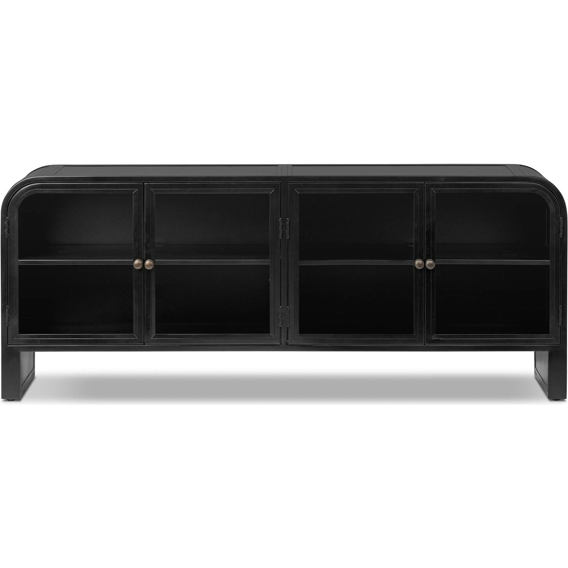 Breya Media Console by Four Hands in black, tempered glass. Made from iron, tempered glass in a unique style.