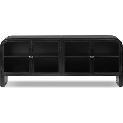 Breya Media Console by Four Hands in black, tempered glass. Made from iron, tempered glass in a unique style.