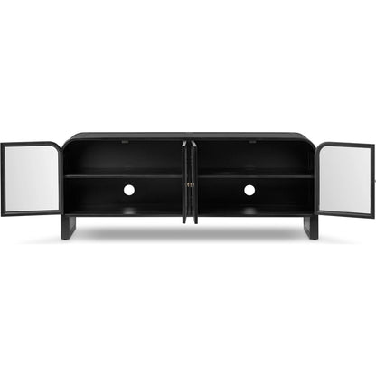 Breya Media Console by Four Hands in black, tempered glass. Made from iron, tempered glass in a unique style.