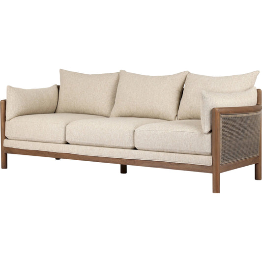 Barbosa Outdoor Sofa-86" by Four Hands in concha beige, stained toasted brown-fsc, washed brown weave. Made from 100% olefin, solid fsc®-certified teak, 100% polyethylene in a coastal style.