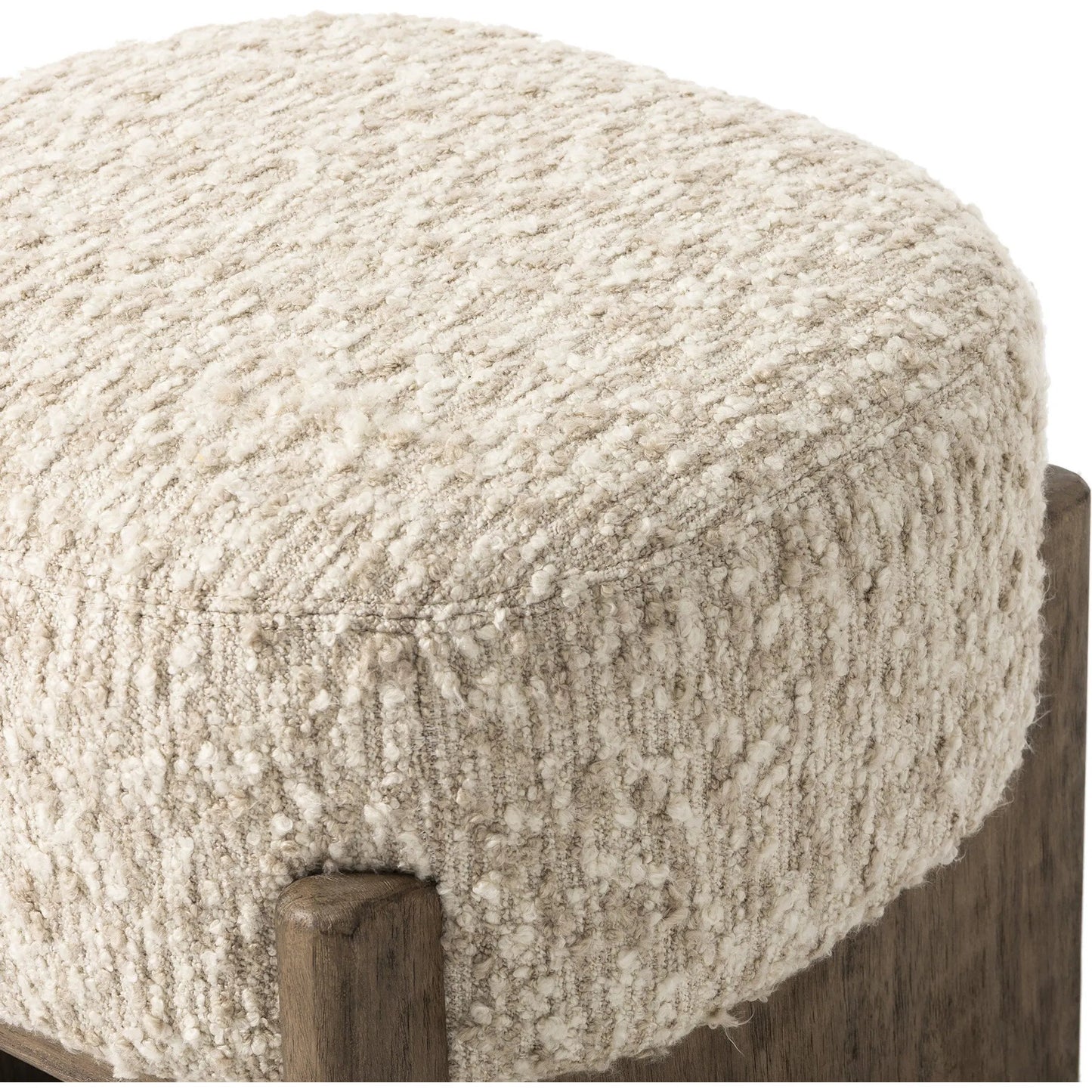 011 SI-2449398 | Closeup | Kirby Accent Stool by Four Hands in solema cream, distressed natural. Made from 65% acrylic, 21% polyester, 10% wool, 3% cotton, and 1% rayon, solid parawood in a transitional style.