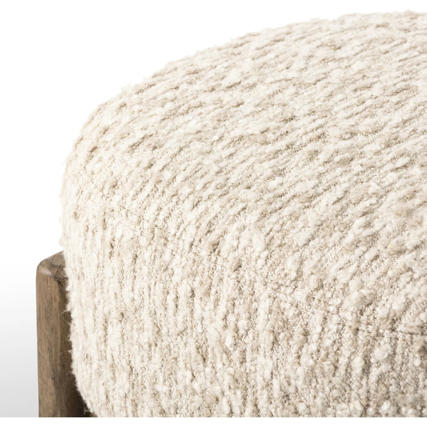 012 SI-2449398 | Closeup | Kirby Accent Stool by Four Hands in solema cream, distressed natural. Made from 65% acrylic, 21% polyester, 10% wool, 3% cotton, and 1% rayon, solid parawood in a transitional style.