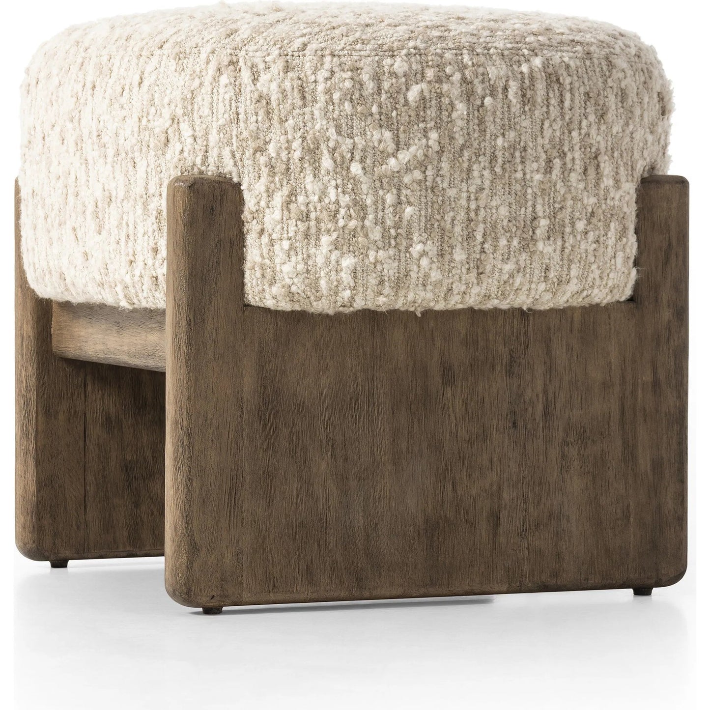 013 SI-2449398 | Closeup | Kirby Accent Stool by Four Hands in solema cream, distressed natural. Made from 65% acrylic, 21% polyester, 10% wool, 3% cotton, and 1% rayon, solid parawood in a transitional style.
