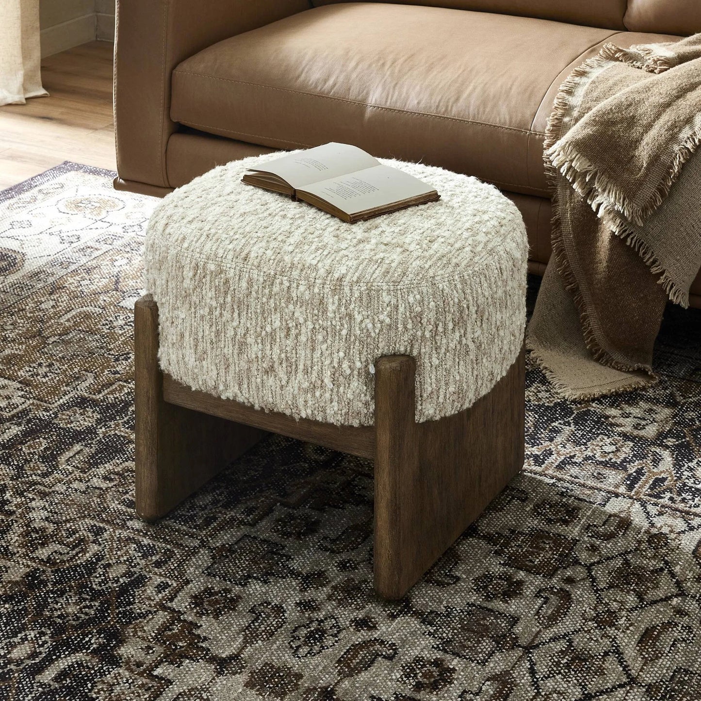 027 SI-2449398 | Lifestyle | Kirby Accent Stool by Four Hands in solema cream, distressed natural. Made from 65% acrylic, 21% polyester, 10% wool, 3% cotton, and 1% rayon, solid parawood in a transitional style.