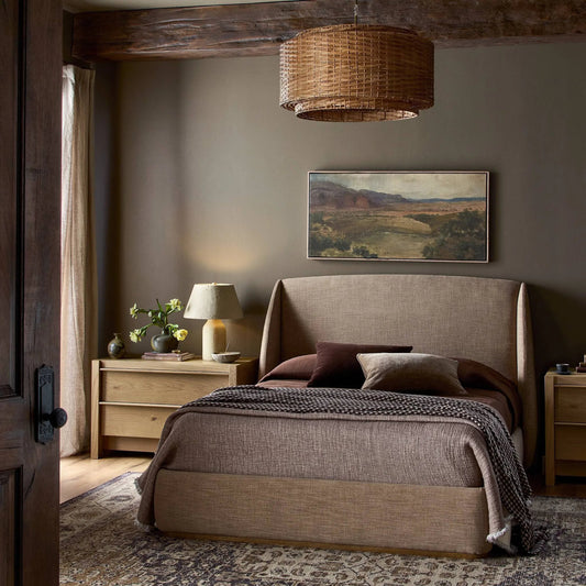 Maeve Upholstered Bed by Four Hands in laken taupe, natural oak veneer. Made from 90% polyester, 10% viscose (rayon), thick oak veneer in a unique style.