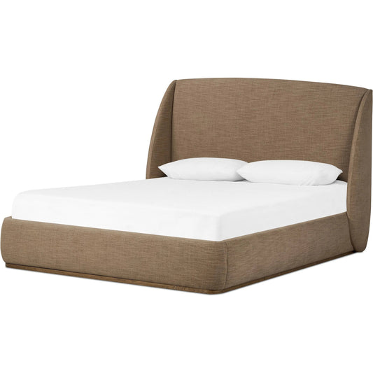 Maeve Upholstered Bed by Four Hands in laken taupe, natural oak veneer. Made from 90% polyester, 10% viscose (rayon), thick oak veneer in a unique style.