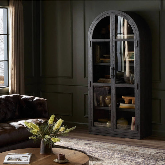 Hepburn Cabinet by Four Hands in dark anthracite oak veneer, waxed black. Made from oak veneer, solid oak, iron in a unique style.