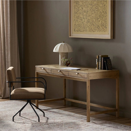 Tula Writing Desk by Four Hands in worn oak veneer, palermo drift. Made from thick oak veneer, top grain leather in a unique style.