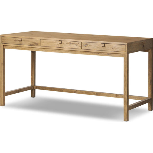 Tula Writing Desk by Four Hands in worn oak veneer, palermo drift. Made from thick oak veneer, top grain leather in a unique style.