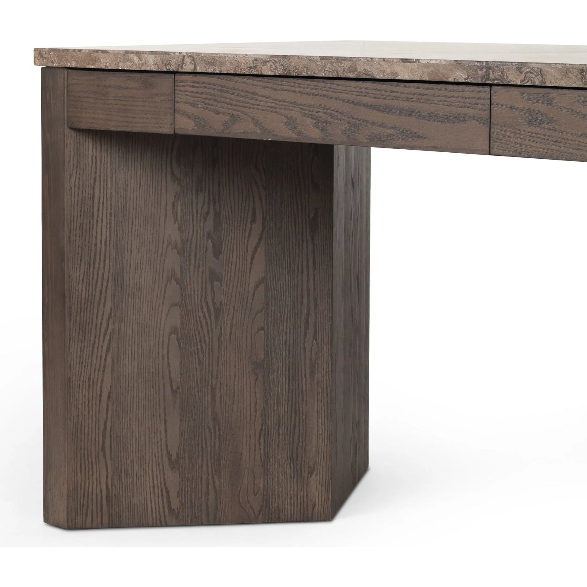 Lawson Desk by Four Hands in brown oak veneer, warm grey marble. Made from oak veneer, solid marble in a modern style.