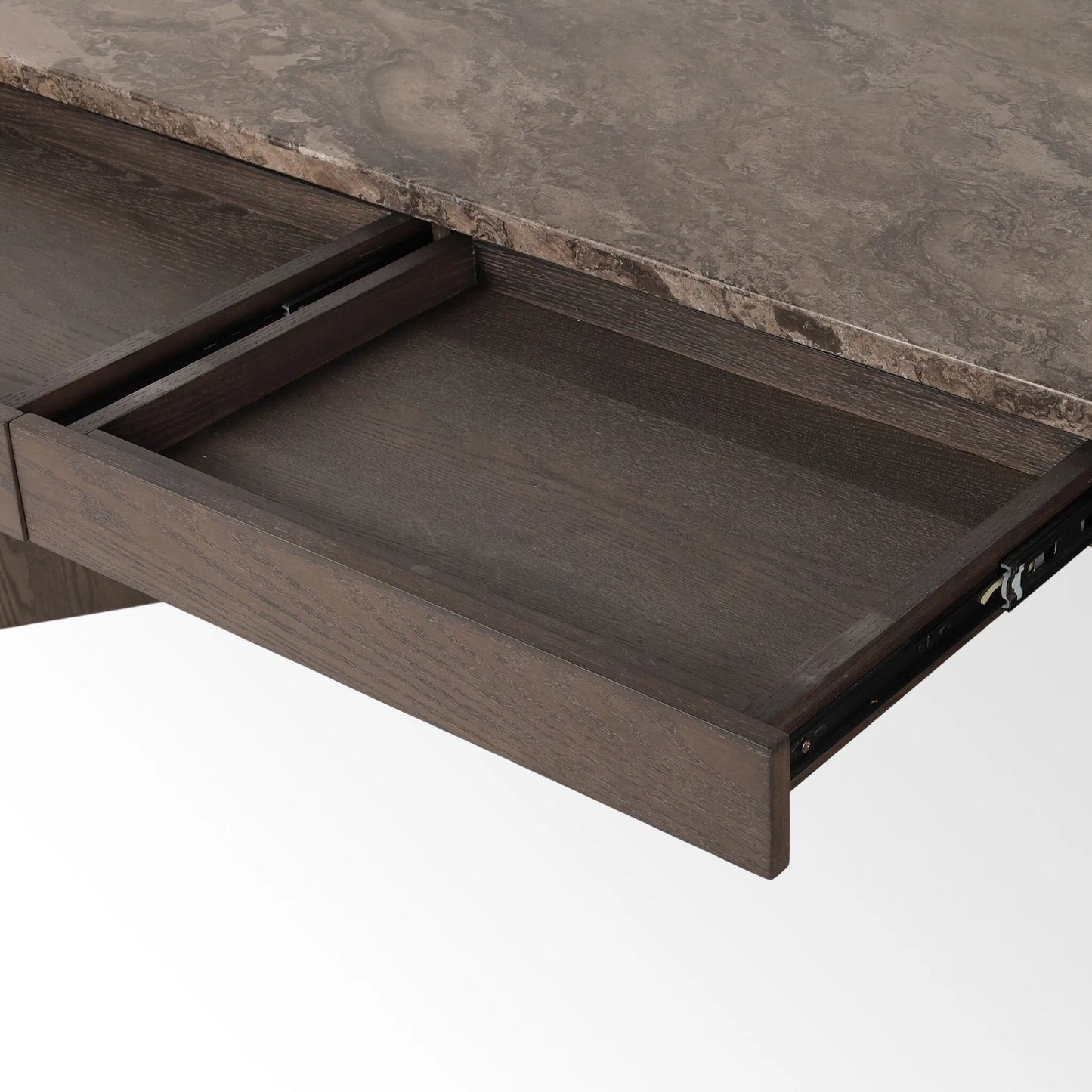 010 SI-2327570 | Closeup | Lawson Desk by Four Hands in brown oak veneer, warm grey marble. Made from oak veneer, solid marble in a modern style.