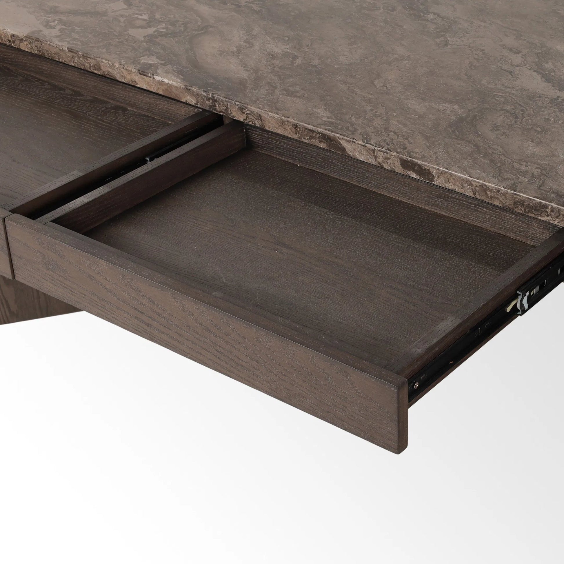 Lawson Desk by Four Hands in brown oak veneer, warm grey marble. Made from oak veneer, solid marble in a modern style.