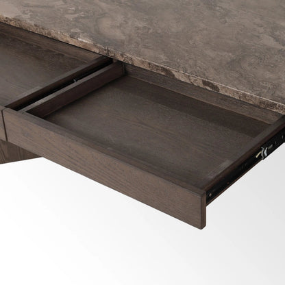 Lawson Desk by Four Hands in brown oak veneer, warm grey marble. Made from oak veneer, solid marble in a modern style.
