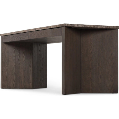 Lawson Desk by Four Hands in brown oak veneer, warm grey marble. Made from oak veneer, solid marble in a modern style.