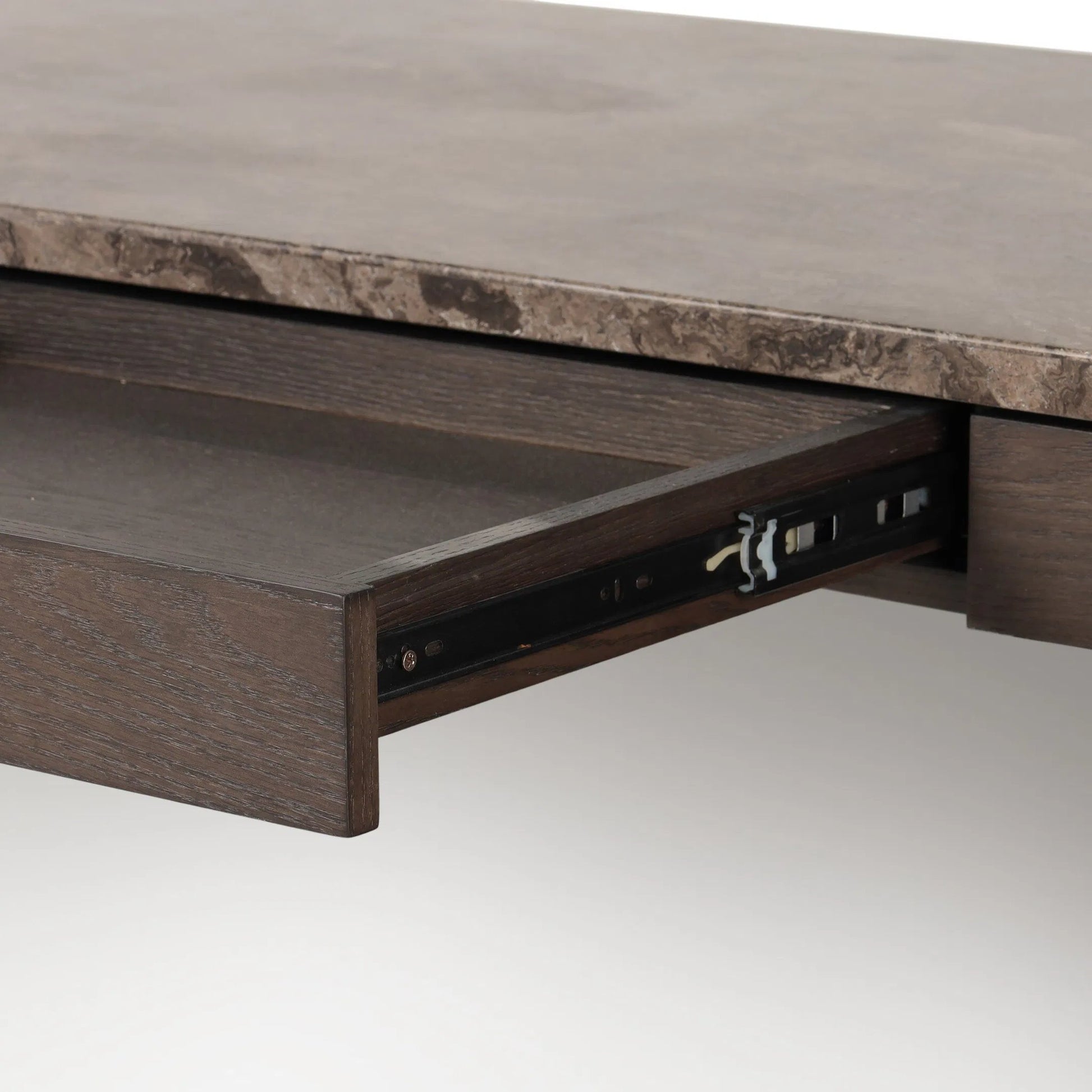 Lawson Desk by Four Hands in brown oak veneer, warm grey marble. Made from oak veneer, solid marble in a modern style.