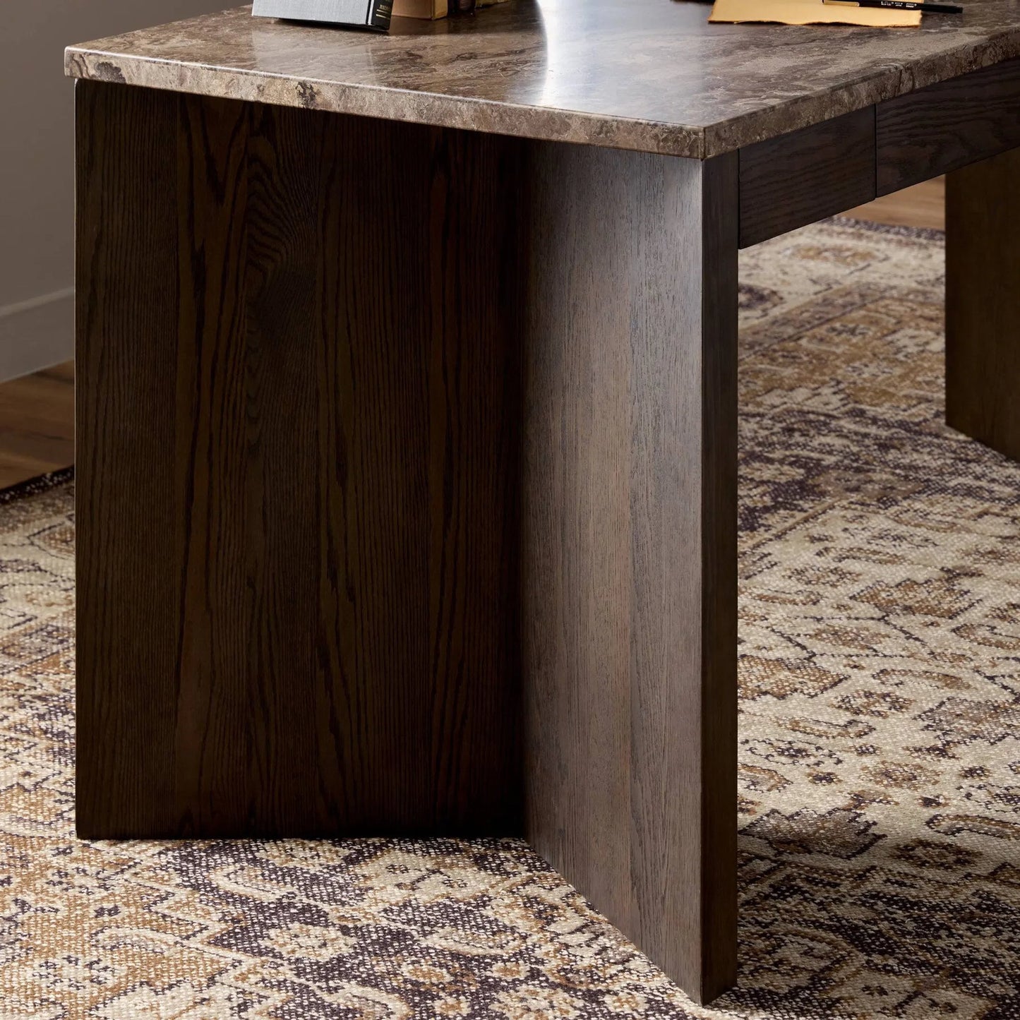 013 SI-2327570 | Closeup | Lawson Desk by Four Hands in brown oak veneer, warm grey marble. Made from oak veneer, solid marble in a modern style.