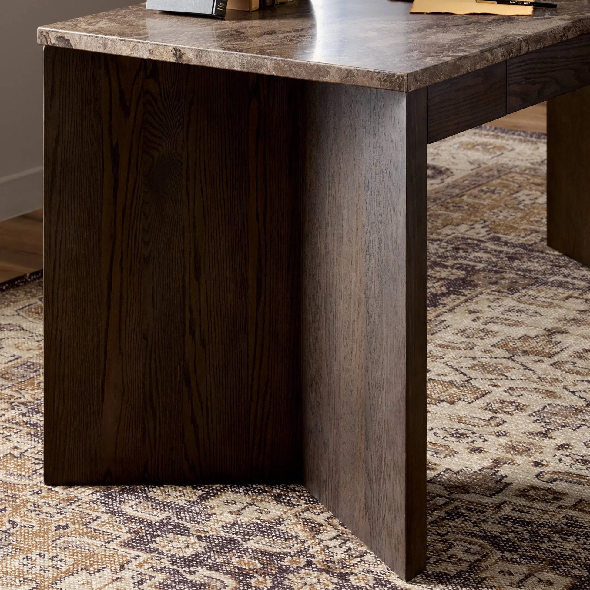 Lawson Desk by Four Hands in brown oak veneer, warm grey marble. Made from oak veneer, solid marble in a modern style.