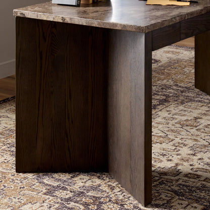 Lawson Desk by Four Hands in brown oak veneer, warm grey marble. Made from oak veneer, solid marble in a modern style.