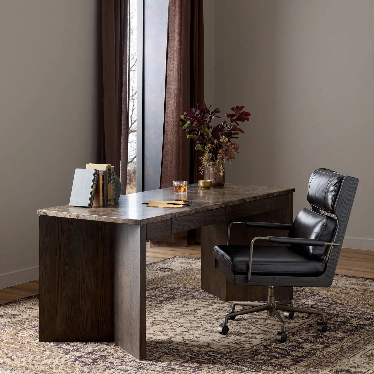 016 SI-2327570 | Lifestyle | Lawson Desk by Four Hands in brown oak veneer, warm grey marble. Made from oak veneer, solid marble in a modern style.