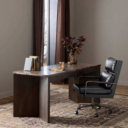 Lawson Desk by Four Hands in brown oak veneer, warm grey marble. Made from oak veneer, solid marble in a unique style.