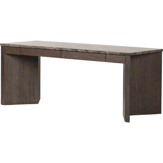 Lawson Desk by Four Hands in brown oak veneer, warm grey marble. Made from oak veneer, solid marble in a unique style.