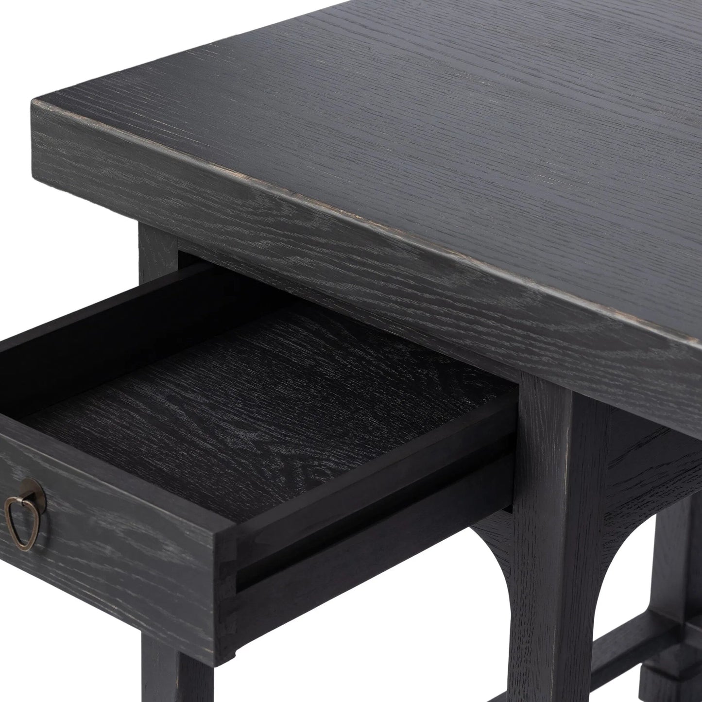 006 SI-2513234 | Closeup | Avedon Desk by Four Hands in aged black oak, aged black oak veneer. Made from solid oak, thick oak veneer in a transitional style.