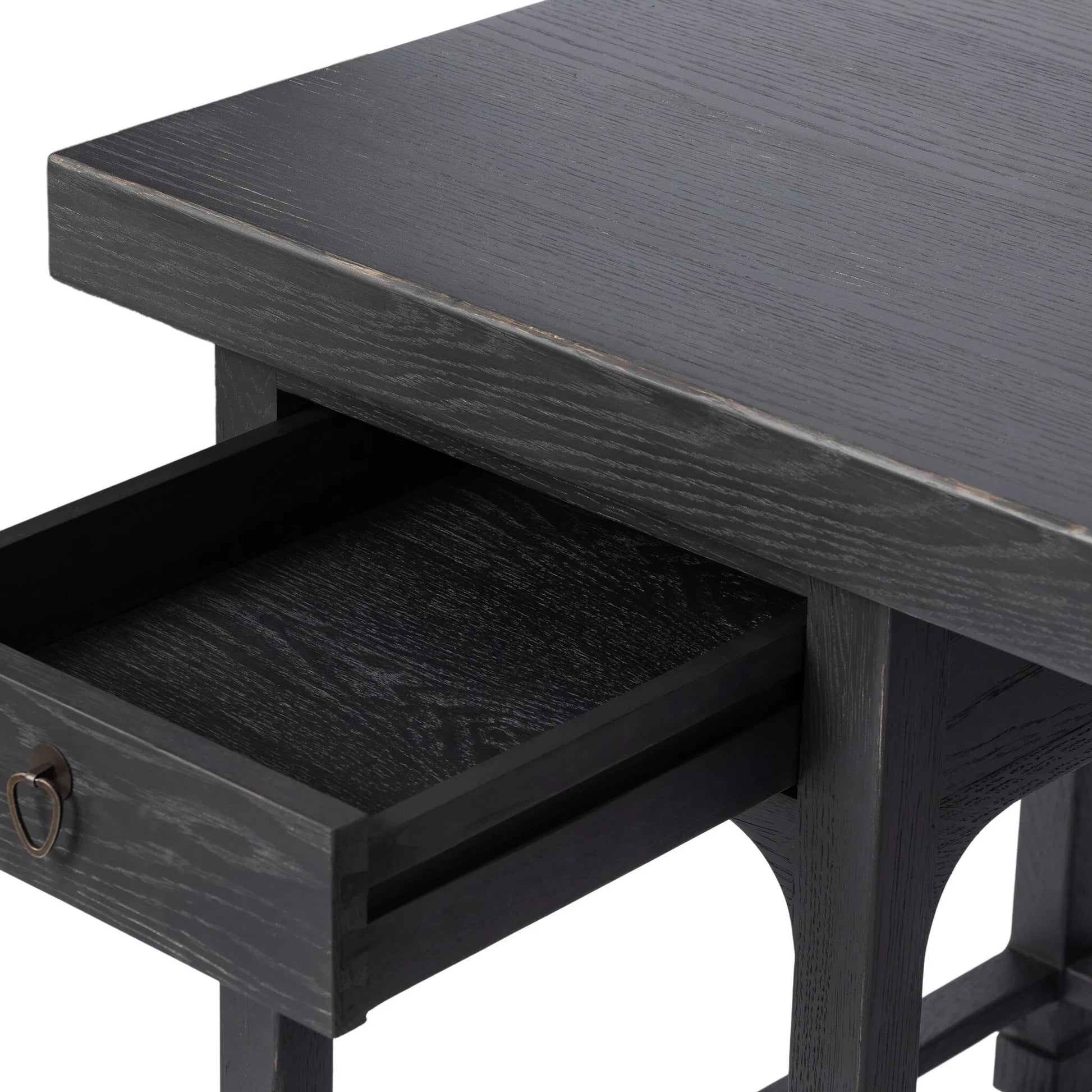 Avedon Desk by Four Hands in aged black oak, aged black oak veneer. Made from solid oak, thick oak veneer in a transitional style.