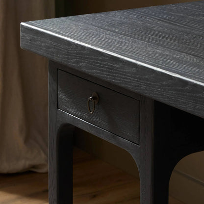 Avedon Desk by Four Hands in aged black oak, aged black oak veneer. Made from solid oak, thick oak veneer in a transitional style.