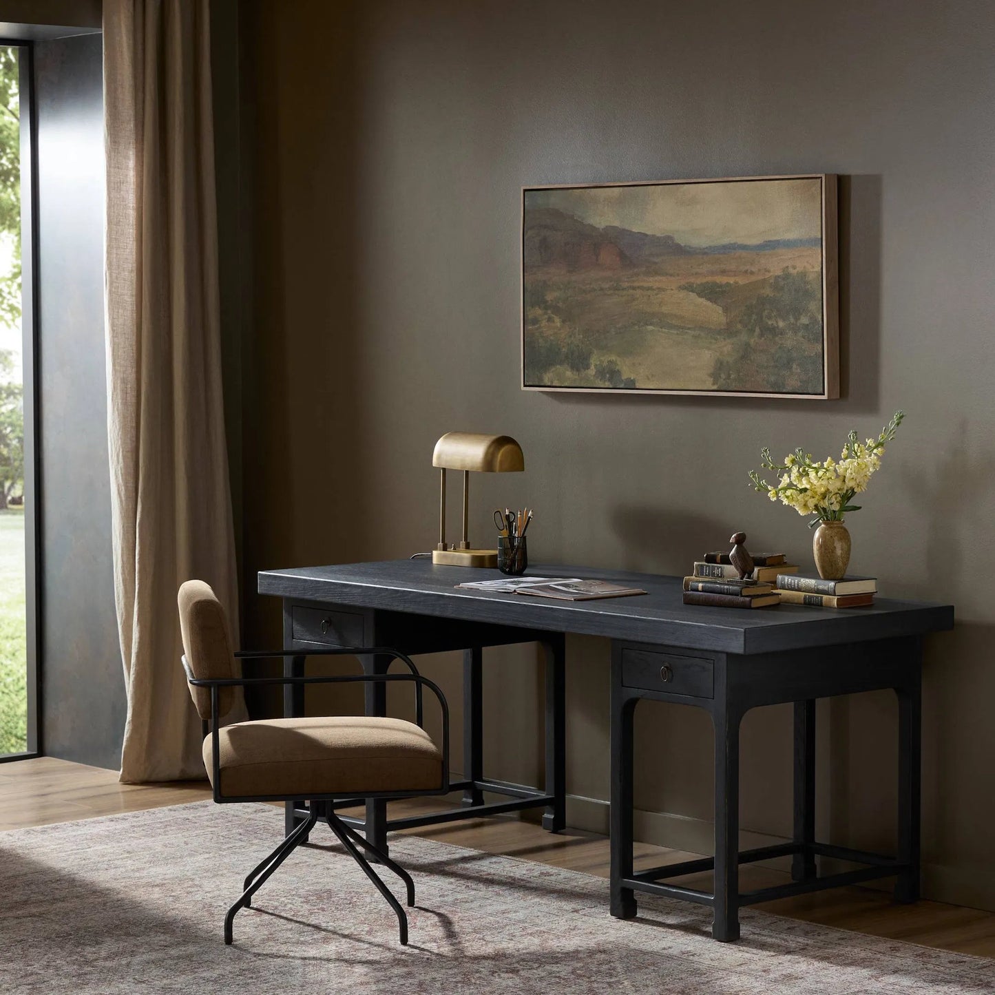 011 SI-2513234 | Lifestyle | Avedon Desk by Four Hands in aged black oak, aged black oak veneer. Made from solid oak, thick oak veneer in a transitional style.