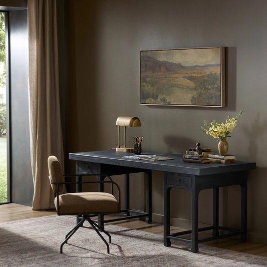 Avedon Desk by Four Hands in aged black oak, aged black oak veneer. Made from solid oak, thick oak veneer in a transitional style.