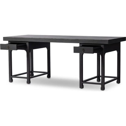 Avedon Desk by Four Hands in aged black oak, aged black oak veneer. Made from solid oak, thick oak veneer in a transitional style.