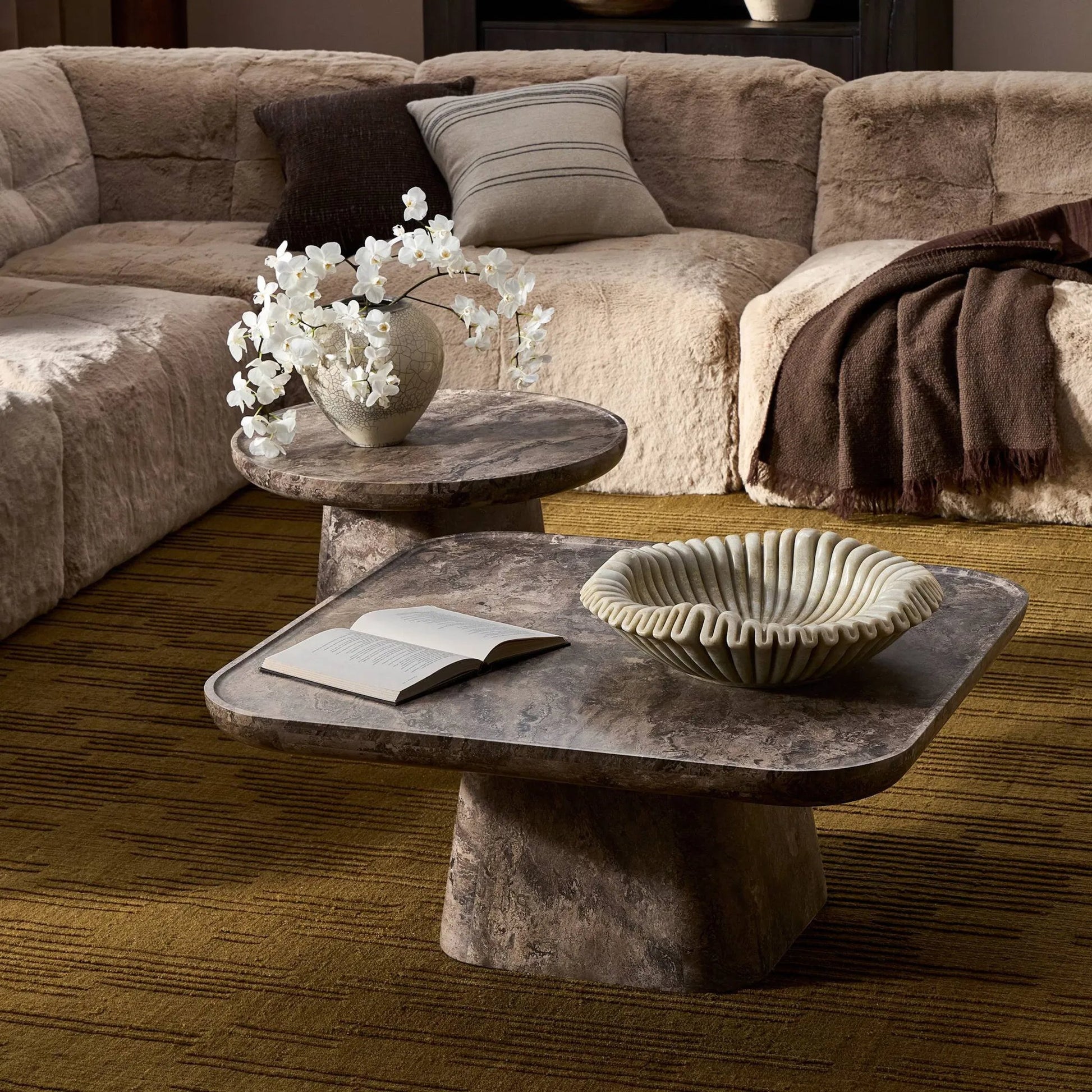 Zane Coffee Table Set by Four Hands in warm grey marble. Made from solid marble in a modern style.