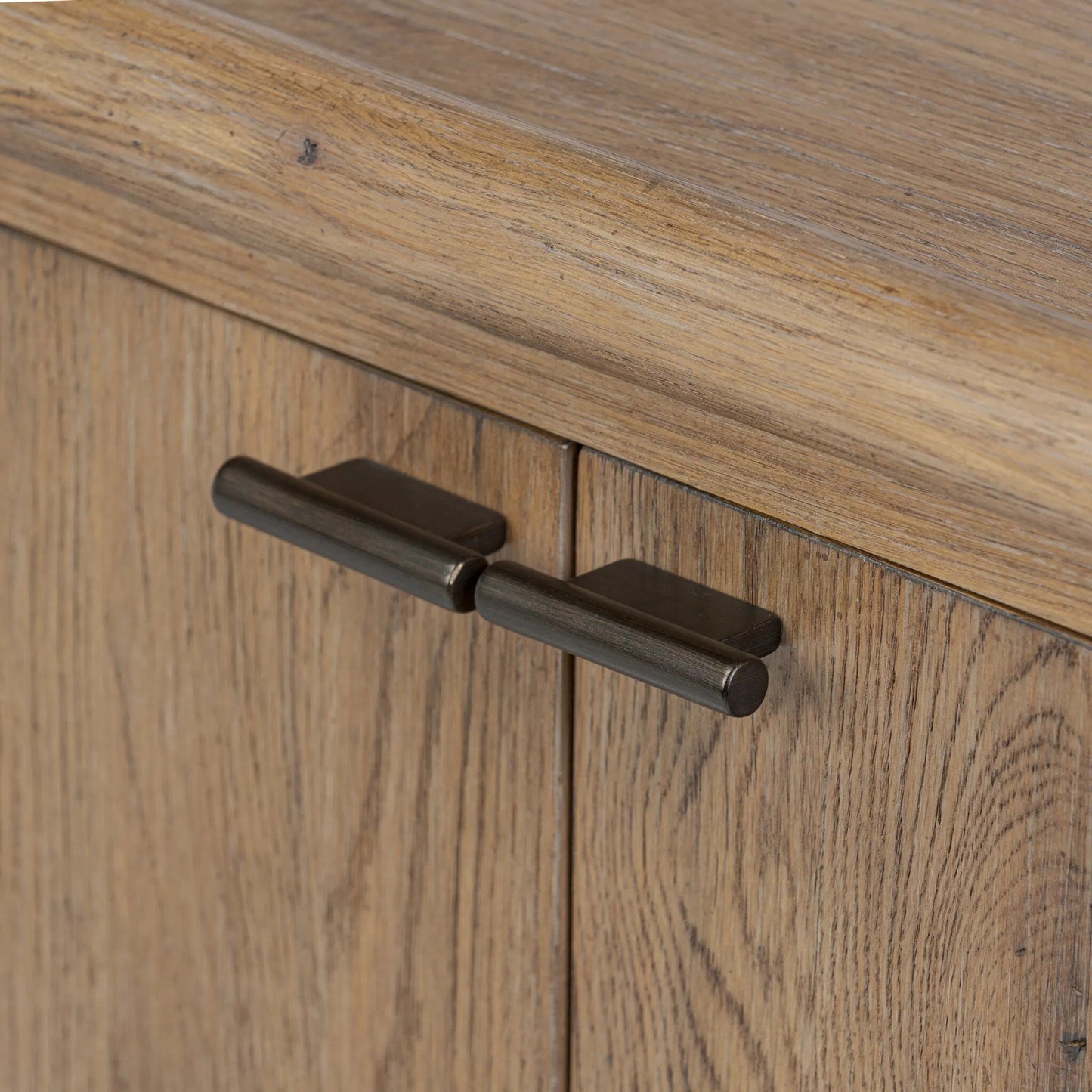 012 SI-2519181 | Closeup | Glenview 4 Door Sideboard by Four Hands in weathered oak, weathered oak veneer. Made from solid oak, thick oak veneer in a traditional style.