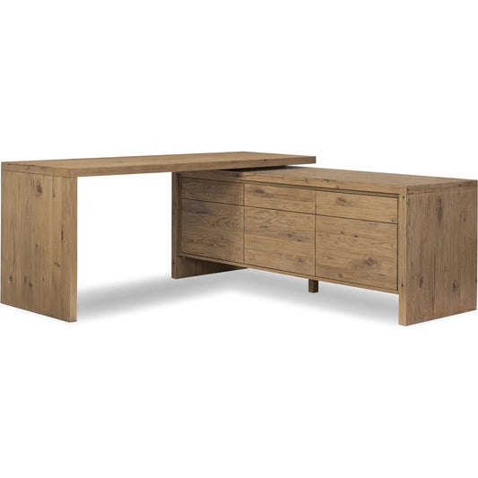 Noah Rotating Desk by Four Hands in aged smoked oak resawn. Made from resawn oak veneer, solid oak in a unique style.