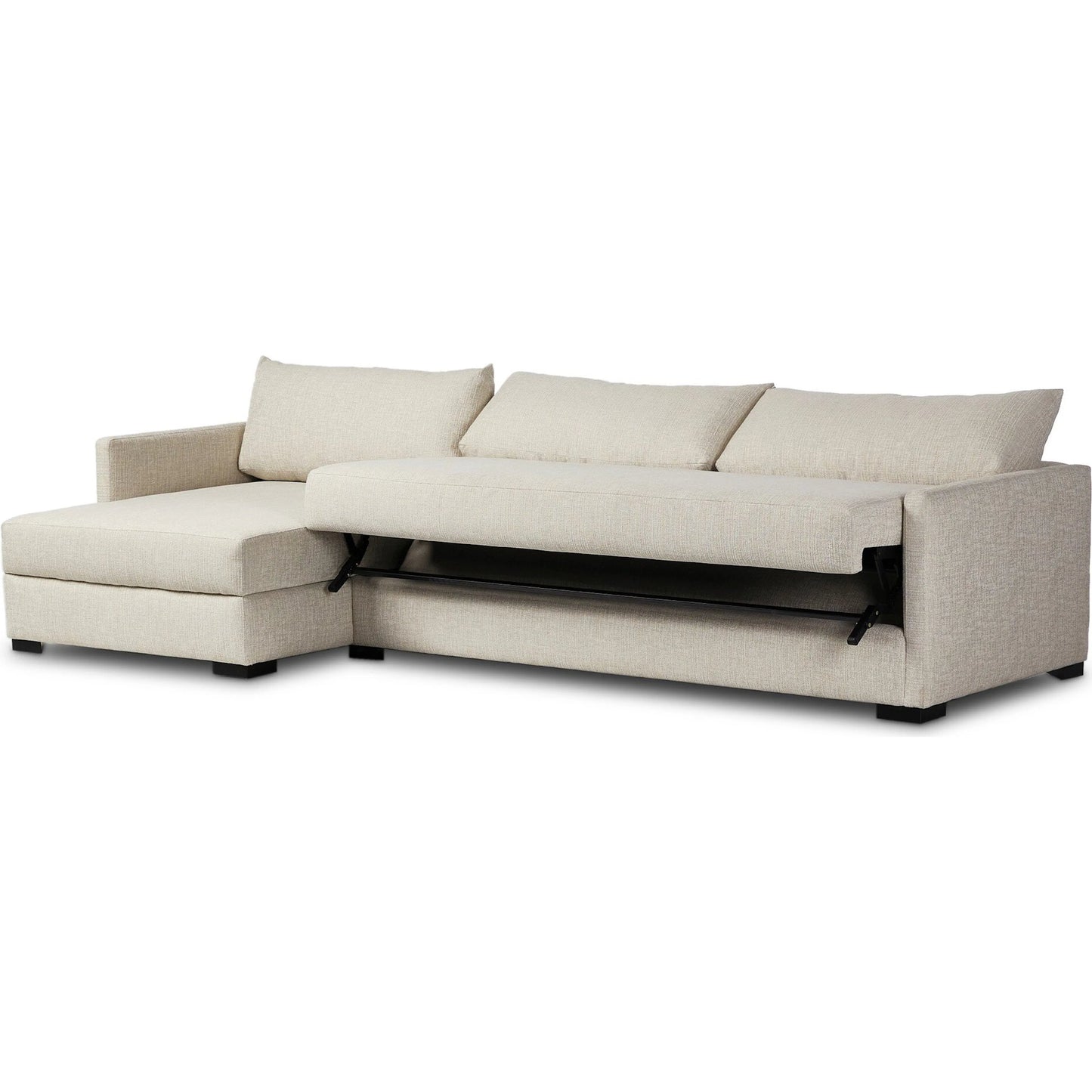 006 SI-2635371 | Closeup | Wickham 2-Piece Sleeper Sectional by Four Hands in alameda snow, ebony, ronan linen. Made from 88% olefin, 11% polyester (uv), 1% polyester, solid maple, faux leather in a unique style.