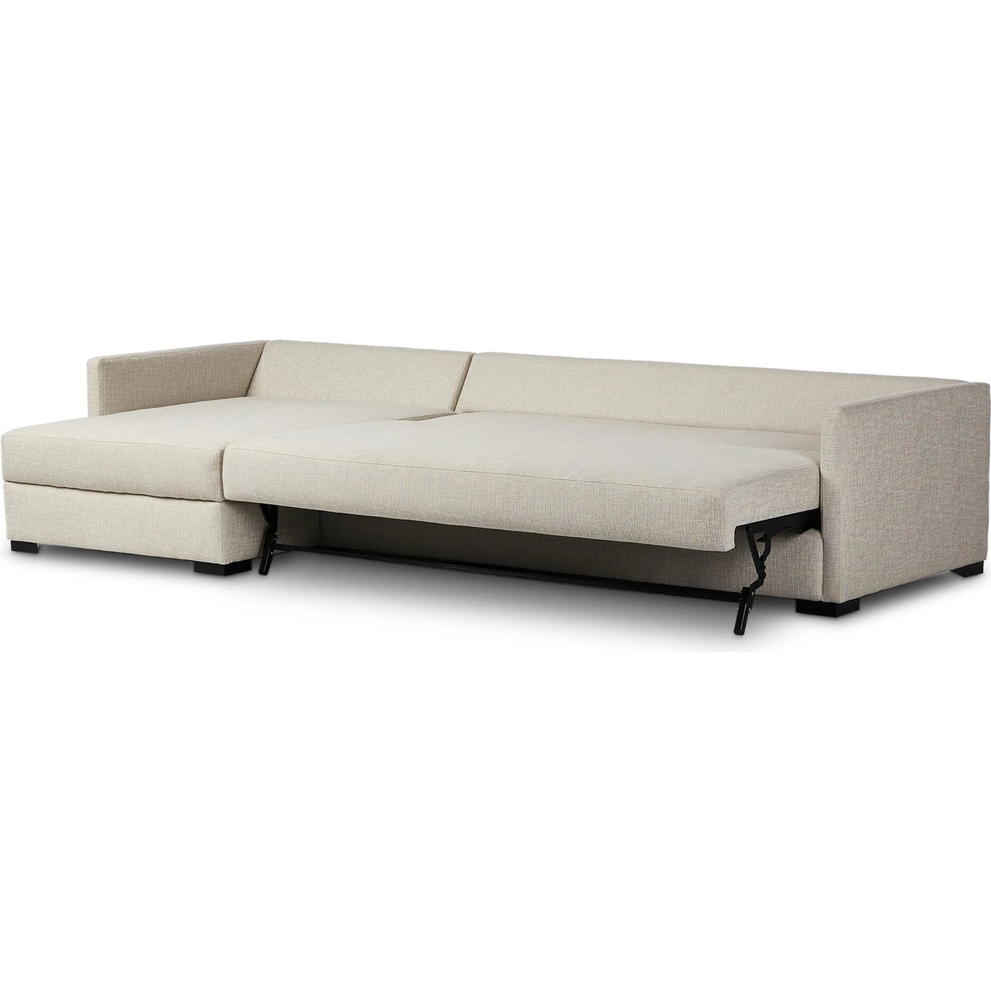 008 SI-2635371 | Closeup | Wickham 2-Piece Sleeper Sectional by Four Hands in alameda snow, ebony, ronan linen. Made from 88% olefin, 11% polyester (uv), 1% polyester, solid maple, faux leather in a unique style.