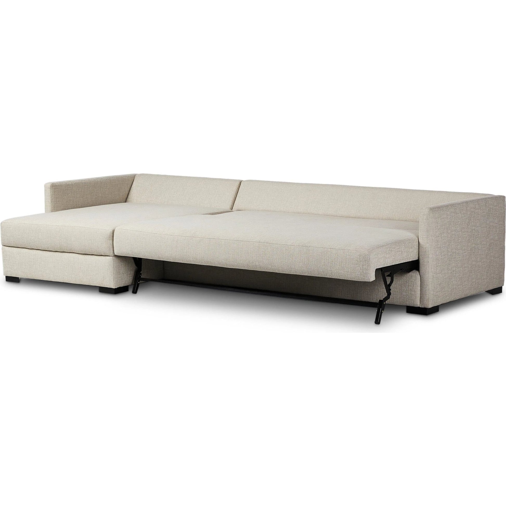 Wickham 2-Piece Sleeper Sectional by Four Hands in alameda snow, ebony, ronan linen. Made from 88% olefin, 11% polyester (uv), 1% polyester, solid maple, faux leather in a unique style.
