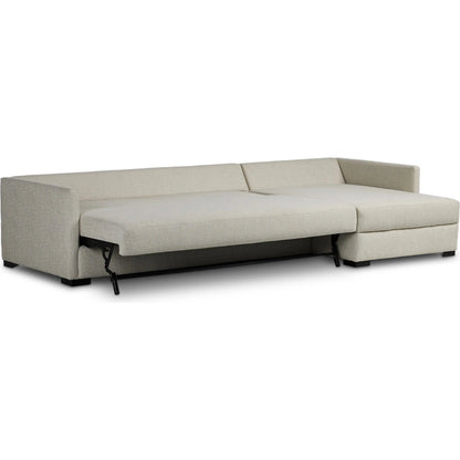 Wickham 2-Piece Sleeper Sectional by Four Hands in alameda snow, ebony, ronan linen. Made from 88% olefin, 11% polyester (uv), 1% polyester, solid maple, faux leather in a unique style.