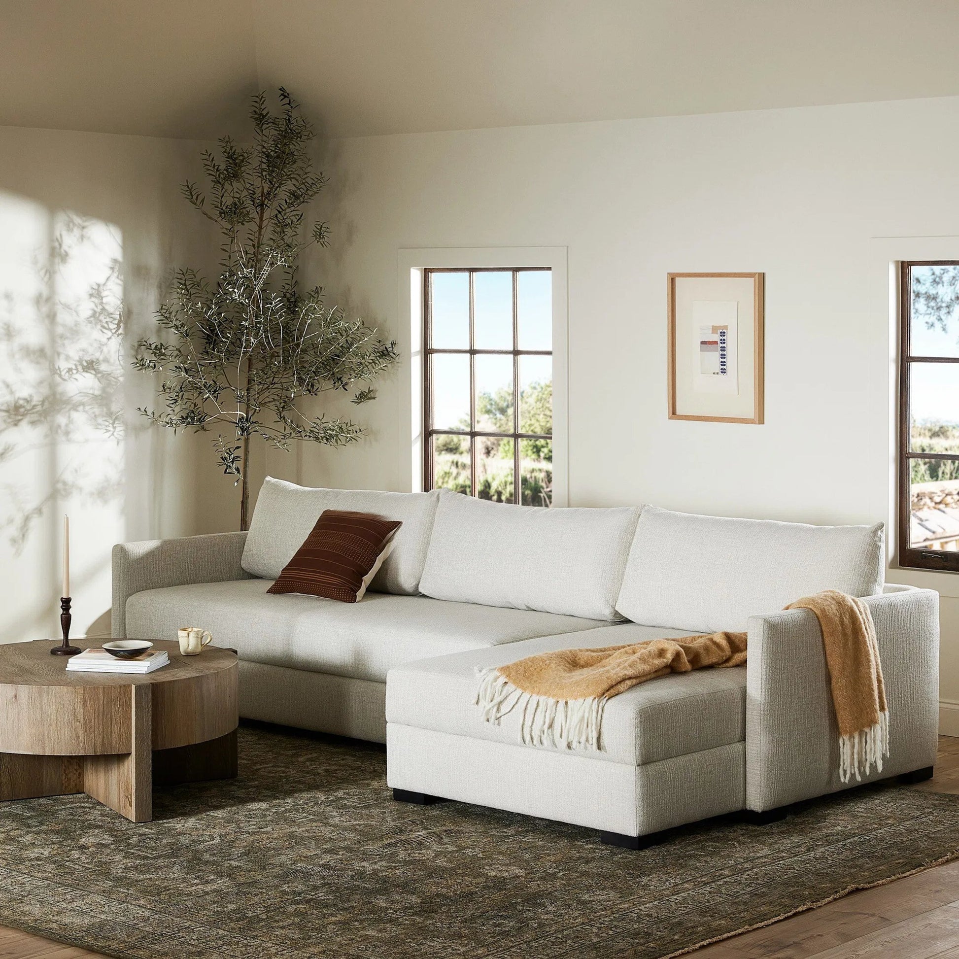 Wickham 2-Piece Sleeper Sectional by Four Hands in alameda snow, ebony, ronan linen. Made from 88% olefin, 11% polyester (uv), 1% polyester, solid maple, faux leather in a unique style.