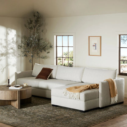 Wickham 2-Piece Sleeper Sectional by Four Hands in alameda snow, ebony, ronan linen. Made from 88% olefin, 11% polyester (uv), 1% polyester, solid maple, faux leather in a unique style.