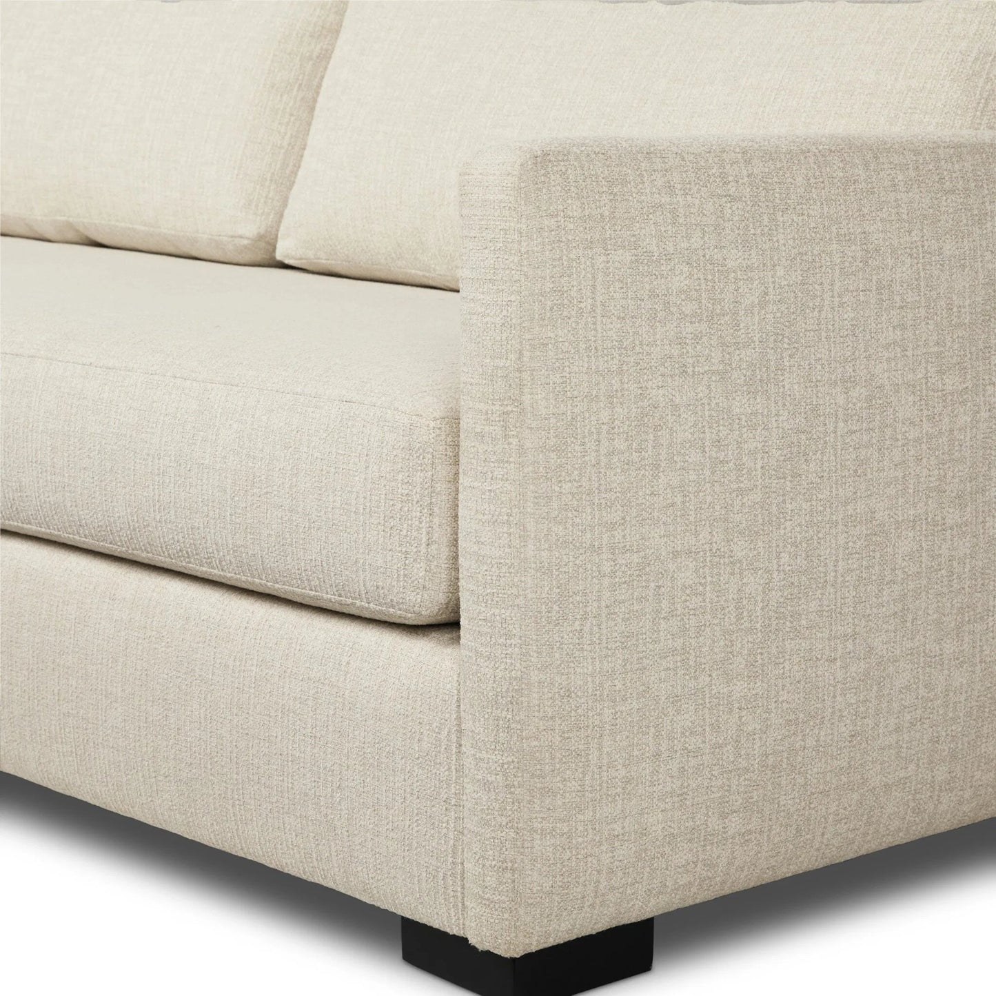004 SI-2635369 | Closeup | Wickham 2-Piece Sectional by Four Hands in alameda snow, ebony. Made from 88% olefin, 11% polyester (uv), 1% polyester, solid maple in a unique style.