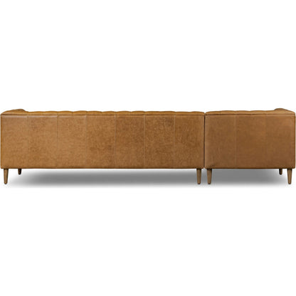 Thurston 2-Piece Sectional by Four Hands in cascara cognac, distressed parawood. Made from top grain leather, solid parawood in a unique style.