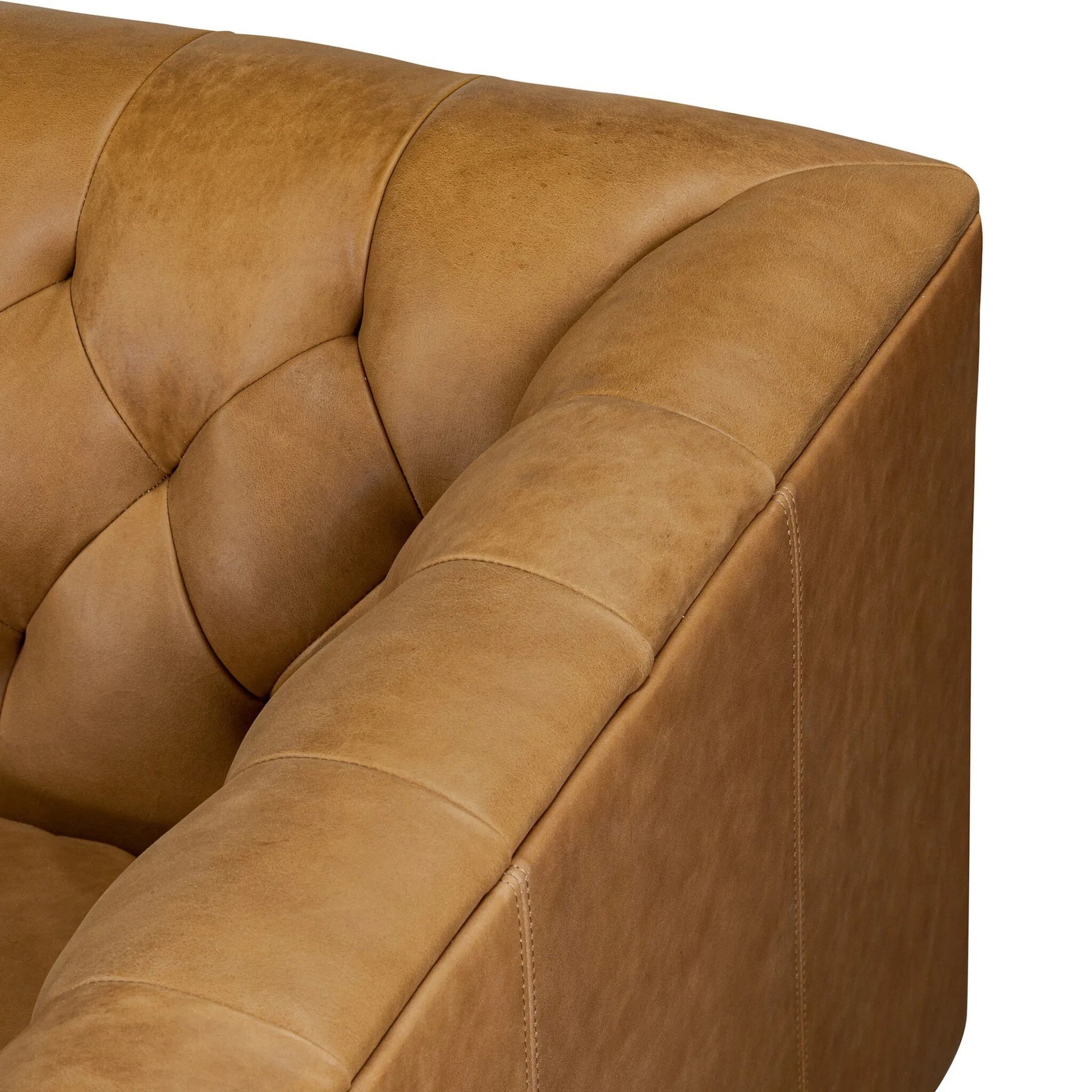 Thurston 2-Piece Sectional by Four Hands in cascara cognac, distressed parawood. Made from top grain leather, solid parawood in a unique style.