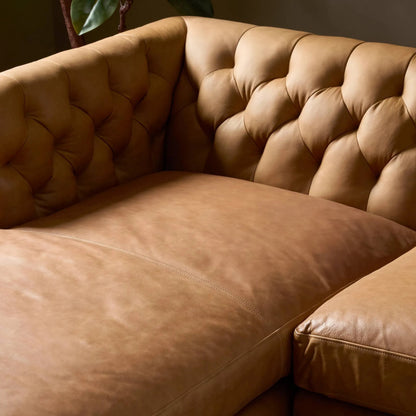 Thurston 2-Piece Sectional by Four Hands in cascara cognac, distressed parawood. Made from top grain leather, solid parawood in a unique style.