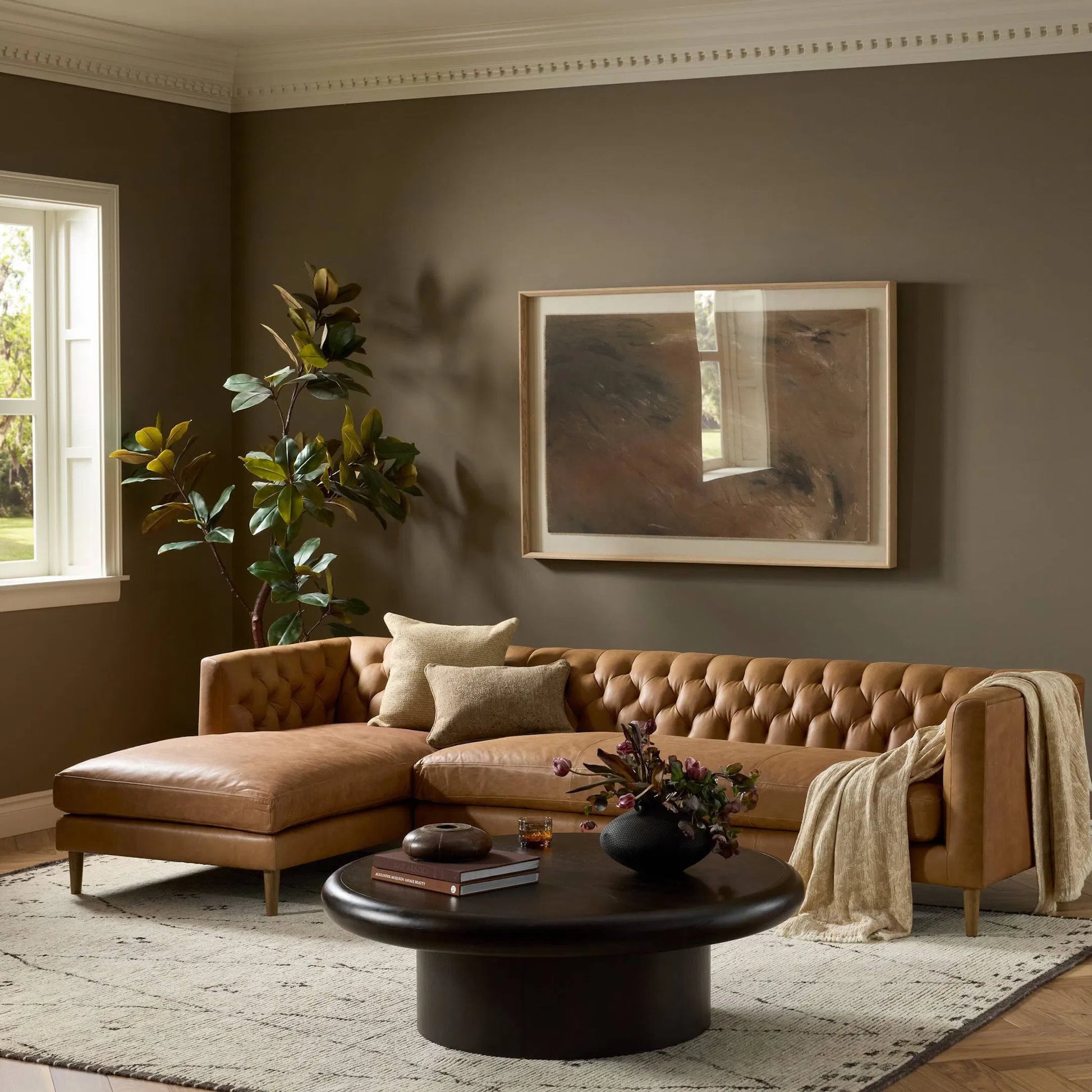 Thurston 2-Piece Sectional by Four Hands in cascara cognac, distressed parawood. Made from top grain leather, solid parawood in a unique style.