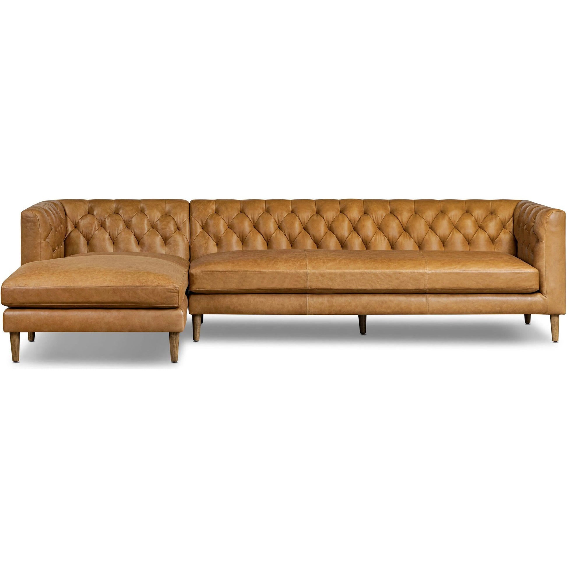 Thurston 2-Piece Sectional by Four Hands in cascara cognac, distressed parawood. Made from top grain leather, solid parawood in a unique style.